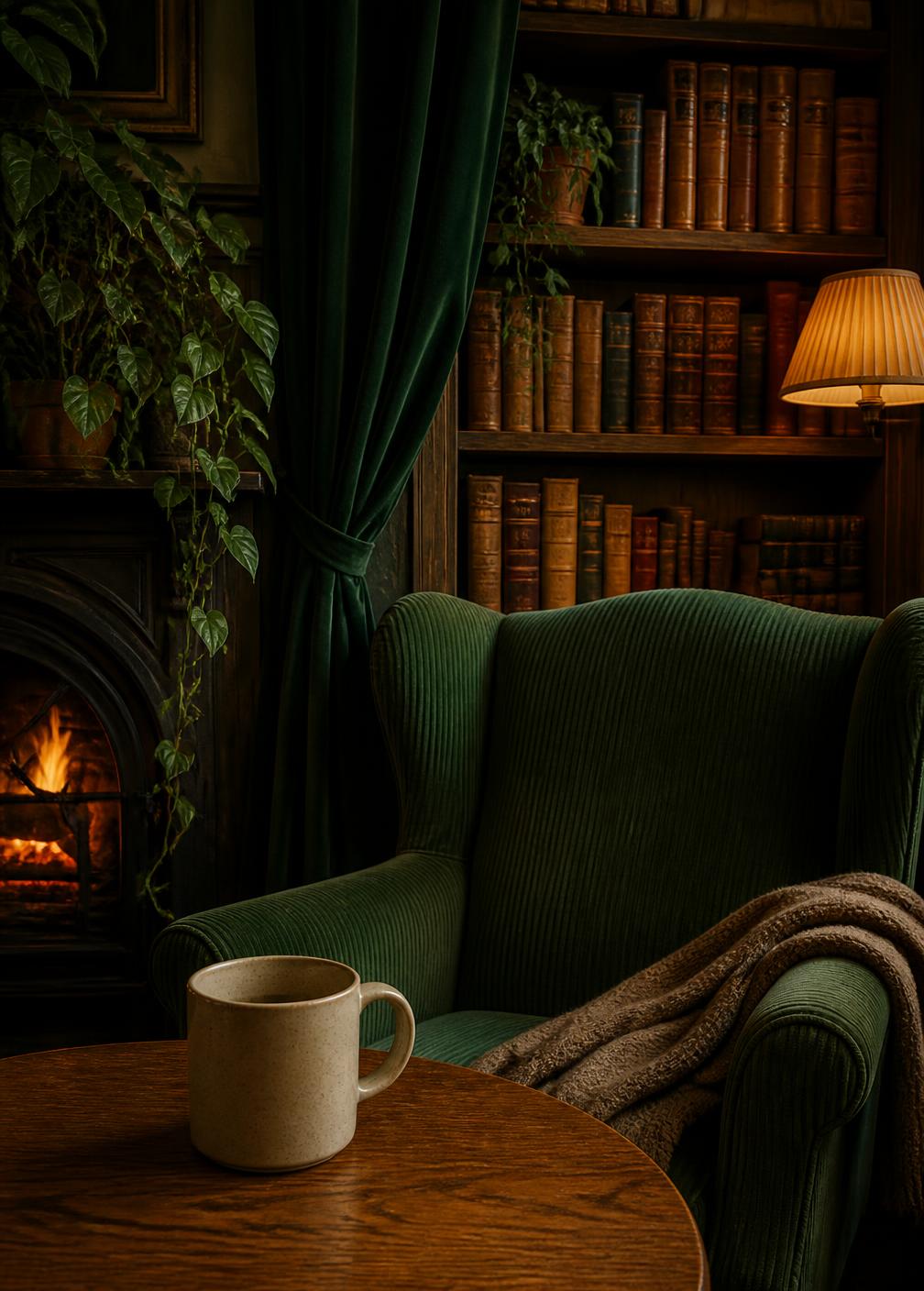 The fireplace and bookshelves inside Coffeesmiths