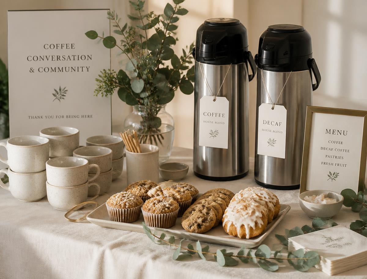 A catering table with airpots, ceramic cups and pastries