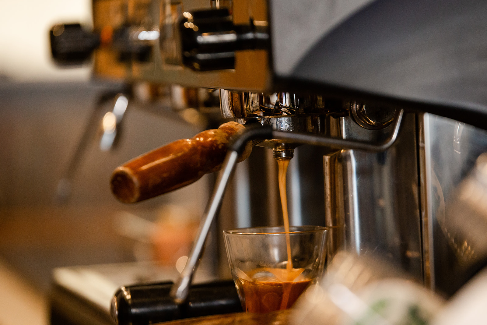 An espresso shot being pulled at Coffeesmiths